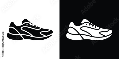 Black and white of stylized running shoes, minimalist side view sneakers