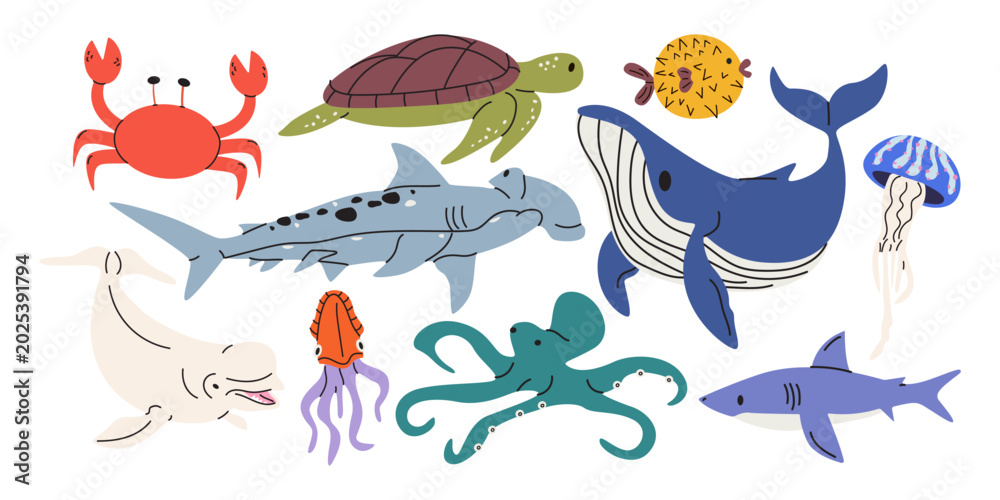 Fototapeta premium Marine life and sea animals vector illustrations set. Ocean wildlife collection with whale, shark, turtle, octopus, crab, jellyfish, squid and pufferfish for stickers, prints, kids