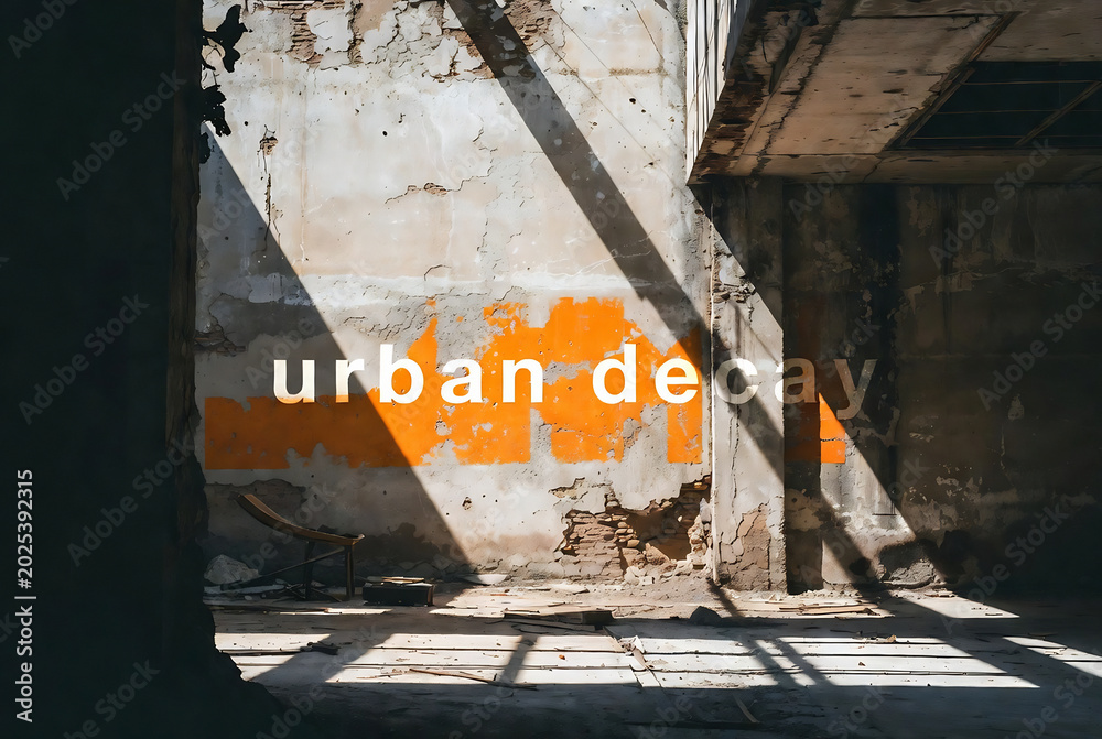 Naklejka premium An orange text overlay reading urban decay is displayed on a weathered, decaying concrete wall in an abandoned industrial or urban setting.