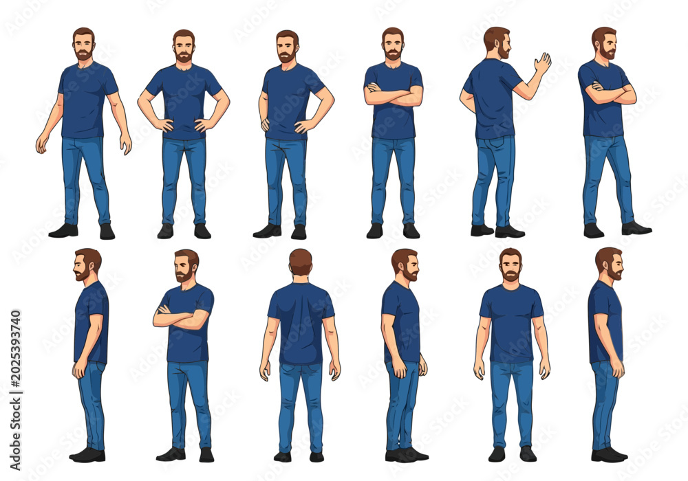 Obraz premium Set of man in tshirt and jeans in different poses