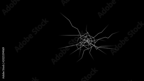 broken glass impact crack with radial fractures on a black background, cartoon animation