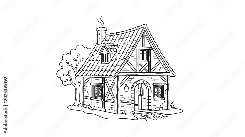 Obraz premium Medieval timber framed cottage line art illustration on white background