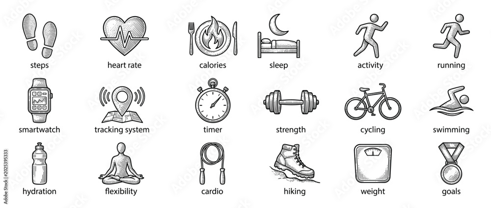 Fototapeta premium Comprehensive collection of hand-drawn fitness and wellness icons, depicting various health-related activities and measurements in a clean, illustrative style