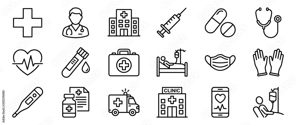 Naklejka premium Comprehensive set of black outline medical icons representing healthcare, treatment, and emergency services on a clean white surface
