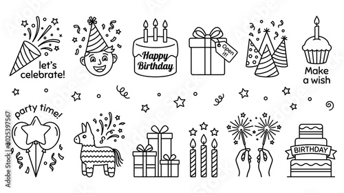 Billede på lærred Birthday celebration line art set with cake and party elements.