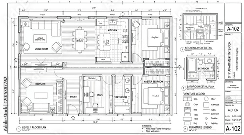 Foto Detailed floor plan of a city apartment interior with furniture legend