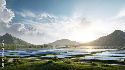 Solar Panel Farm in Green Mountain Valley at Sunrise with Clean Renewable Energy Landscape