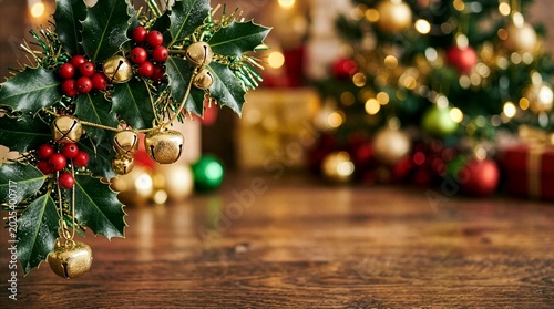 Christmas concept, holly and bells in top corner of frame, soft focus background