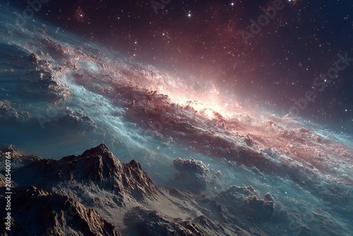 Cosmic Landscape - Mountains Under a Starry Nebula Sky.