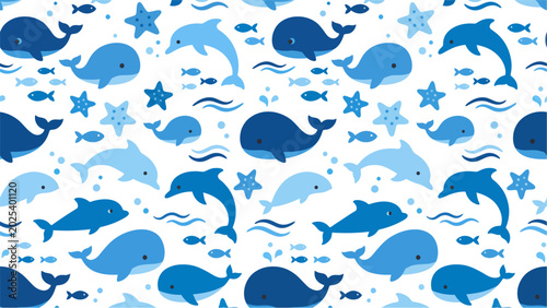 Photos Silhouetted blue whales, dolphins, and fish in a repeating oceanic pattern