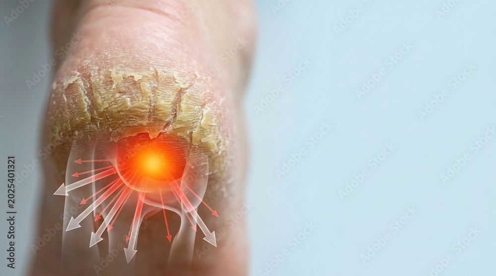 Fototapeta premium Medical visualization of a foot callus showing pressure distribution and inflammation on a toe