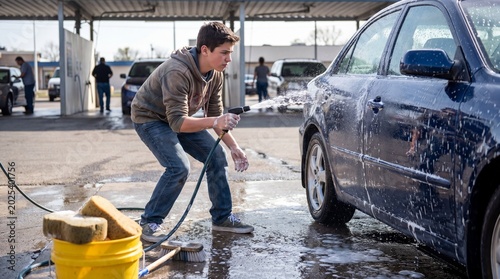 High School Student Washing Car At Outdoor Car Wash In Part Time Work Setting