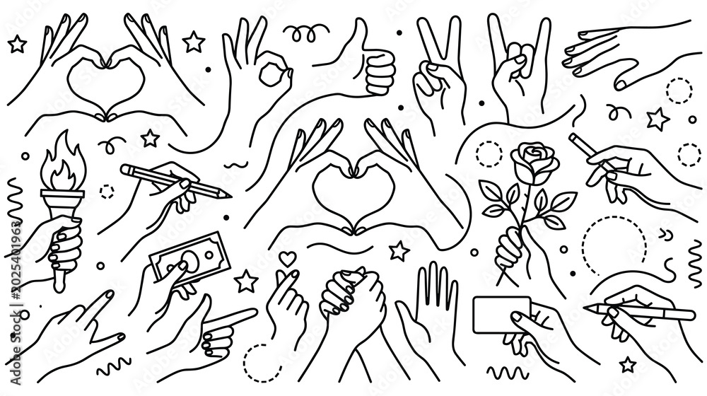 Fototapeta premium Set of hands doing various gestures with decorative elements.