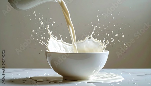 Milk pouring into a bowl with splashes against a neutral background