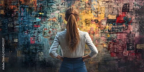 Woman with her back to the camera stands confidently in front of a vibrant, abstract artistic mural.