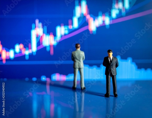 Miniature business figures observing financial charts in a digital environment
