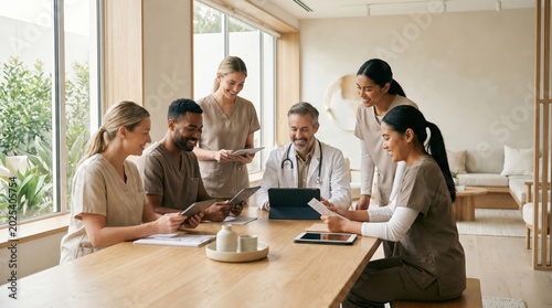 Diverse medical team collaborating around a table in a modern hospital setting.