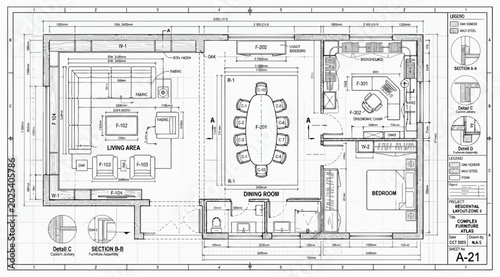 Εκτύπωση καμβά Complex furniture atlas residential layout floor plan with details