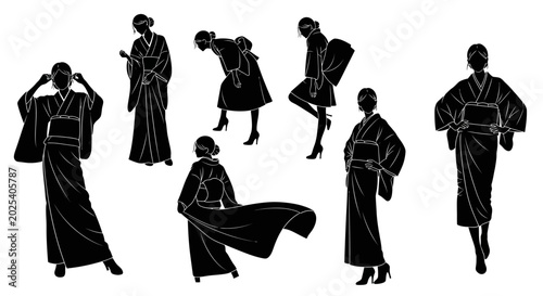 Black Silhouettes of Women in Kimonos, Japanese Traditional Fashion