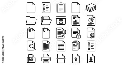 Foto Documents and paperwork thin line icon set with checklist files reports and fold