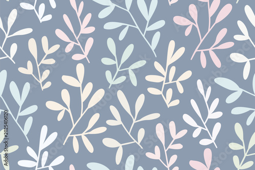 Seamless floral pattern, simple botanical print of branches, leaves silhouettes. Cute nature design, repeat texture of hand drawn foliage, small plants in doodle motif. Vector illustration in pastel.