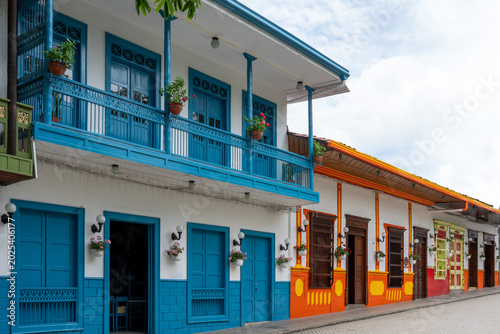 Colombia, colorful houses with balconies in the streets of Jardin. Elected best tourism village.