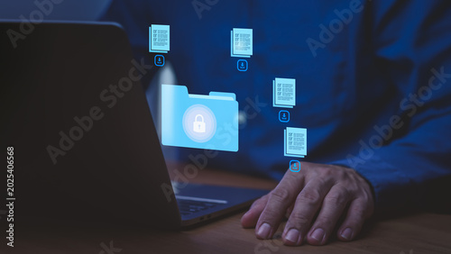 Digital technology for cybersecurity and data privacy protection. Cloud document management system for business security.