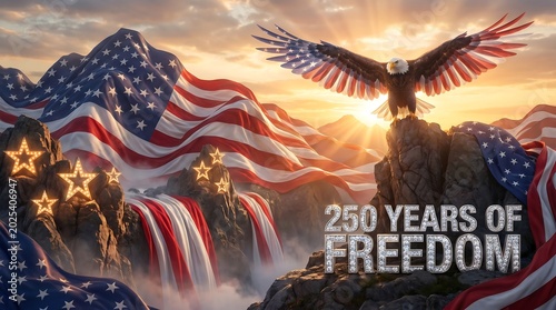 American eagle standing on a rocky cliff with usa flags and stars at sunset