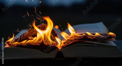 An open book engulfed in flames pages burning with intense fire and sparks.