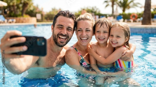 Family enjoying summer vacation together in swimming pool taking selfie with smartphone