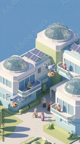 Low poly 3D render of a futuristic nursing home facility, clean geometric shapes, AI drones delivering food to residents.High definition, Area for copy space