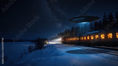 Night train journey through a snowy landscape with a mysterious light in the sky.