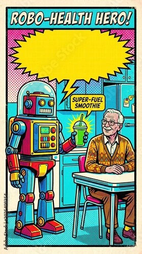 Retro pop art style, bright comic book panel of a colorful 1960s style robot serving a healthy glowing smoothie to a senior man.High definition, Area for copy space