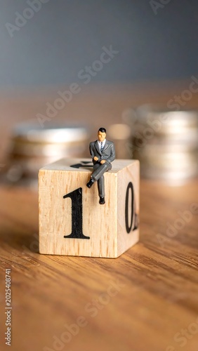 Miniature businessman seated on wooden block with numbers and blurred coins