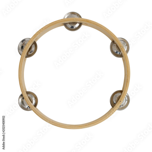 Wooden tambourine with metal jingles isolated on transparent background. Percussion musical instrument for rhythm and sound production. Traditional acoustic object for music performance.