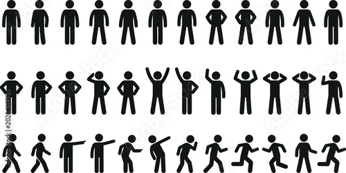 Tableau sur toile Stick Figure Posture Icon Set with Various Body Gestures Standing Walking Runnin