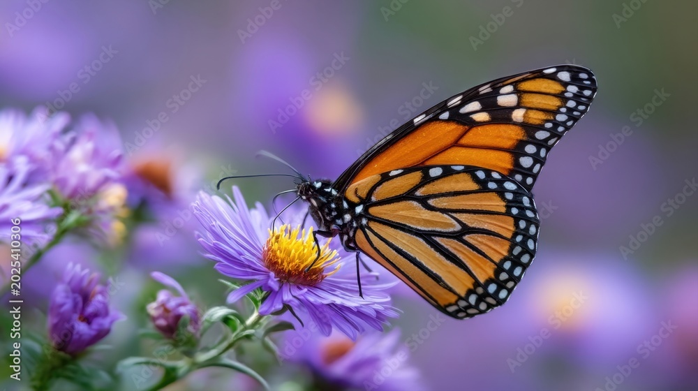 Obraz premium Exquisite macro portrait of a monarch butterfly feeding on a purple aster flower in the garden. Detailed nature wildlife photography with soft blurred background and vibrant colors.