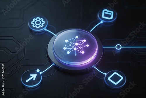 Dark UI workflow builder with AI automation cards and glowing connection lines