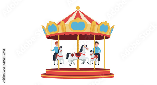 Amusement park carousel with horses and people, vector illustration