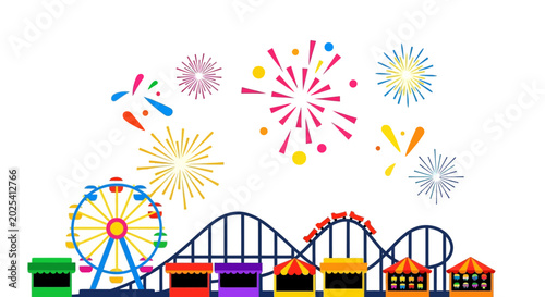 Amusement Park Fun: Ferris Wheel, Roller Coaster, Stalls & Fireworks