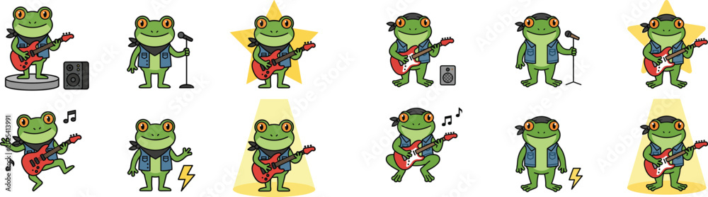 Fototapeta premium Cool Rocker Frog Musician Character Set Featuring Various Poses Playing Electric Guitar and Singing for Music Festivals Concert Promotions and Creative Band Merchandising Graphic Designs