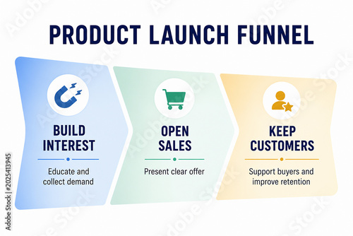 A diagram illustrates a product launch funnel with three stages: Build Interest, Open Sales, and Keep Customers.