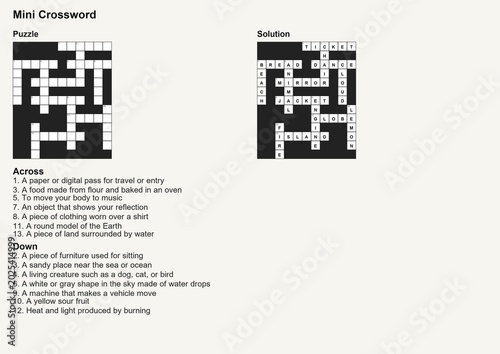Mini crossword puzzle worksheet with complete solution and English word clues, educational brain training activity for kids and adults, printable black and white logic game on clean background