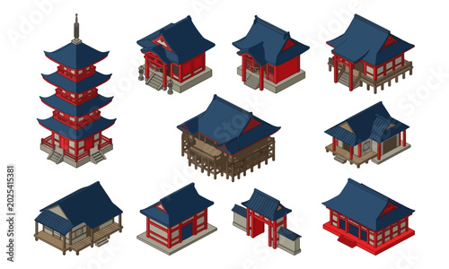 Isometric Set of Traditional Japanese Temple and Shrine Architecture