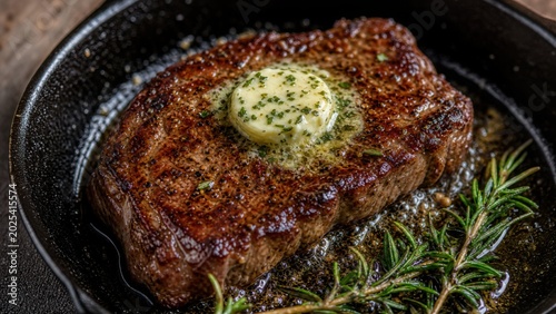 A perfectly seared steak sizzles in a cast-iron skillet, topped with melting herb butter and a sprig of fresh rosemary.