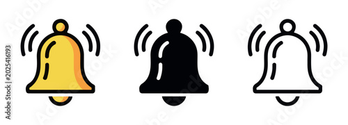 Cuadro en lienzo Ringing bell icon collection with yellow black and outline styles for digital alerts and user interfaces