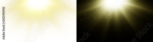 Vibrant yellow sun rays with sparkling highlights on split background. Bright glowing sunlight overlay with warm radiant beams and fantasy shine.
