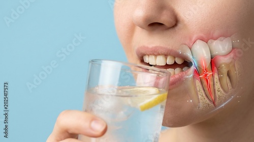 Close-up of a person drinking cold water with lemon featuring a 3D anatomical visualization of tooth sensitivity and dental nerve pain