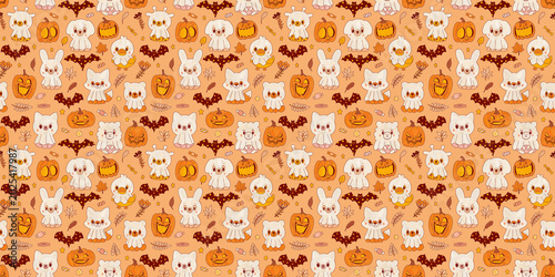 Animal friends in ghost costumes, pumpkins, and bats. Pattern for festival packaging and paper on orange. Trick or treat. Halloween print.