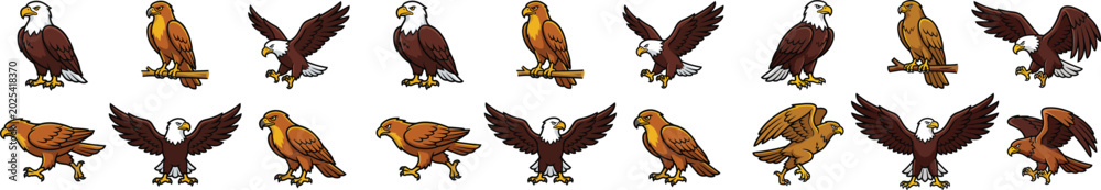 Fototapeta premium Majestic Eagle and Hawk Bird of Prey Vector Illustration Set Featuring Powerful Poses for American Patriotic Designs Sports Mascots and Wilderness Conservation Graphics
